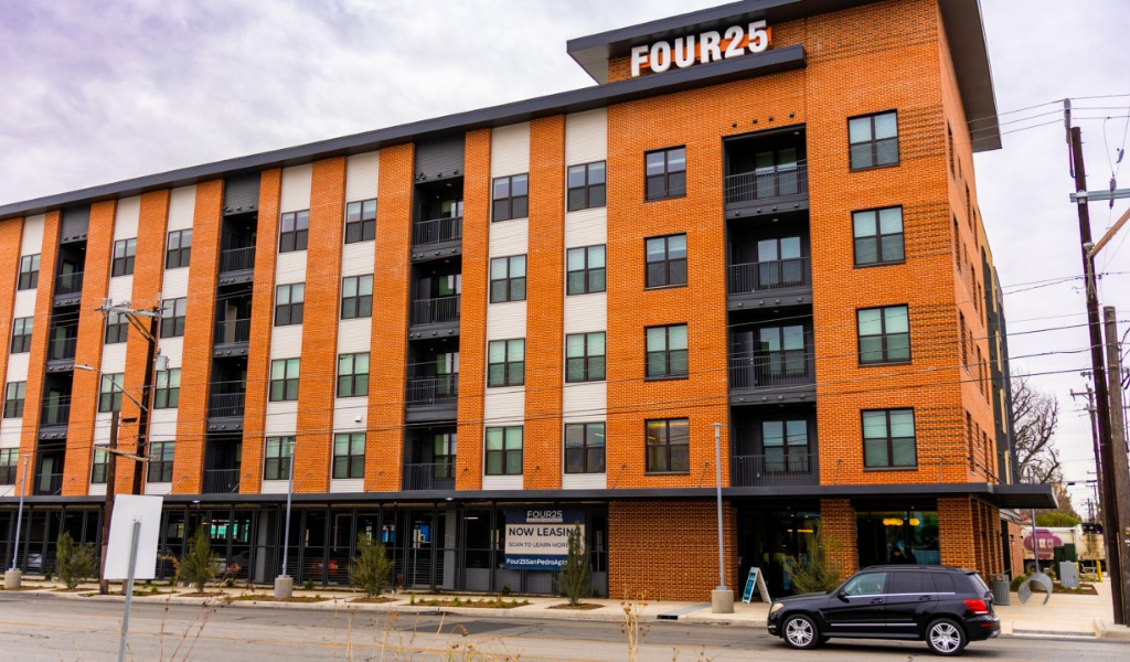 Exterior of new Four25 San Pedro building, a mixed-income affordable housing complex in San Antonio.